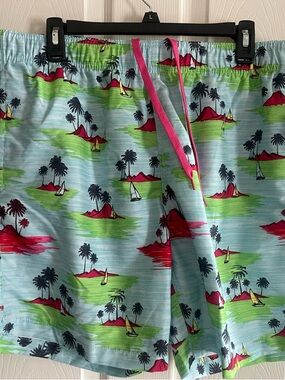 Men's Tropical Print Swim Trunks - Light Blue with Pink & Green